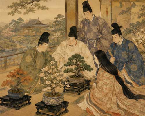 Pintura estilo clásico japonés mostrando nobles observando pequeños árboles en macetas decorativas en un palacio