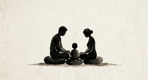 Silueta minimalista de una familia sentada juntos, estilo tinta