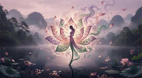 Loto vietnamita emergiendo de aguas oscuras con pétalos que se transforman en caracteres de poesía flotantes, simbolizando la belleza resistente y la expresión filosófica femenina