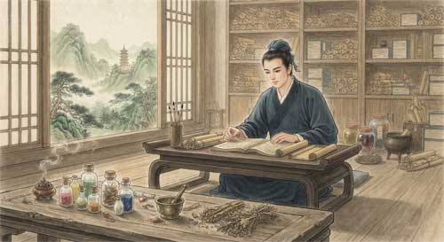 Ge Hong joven estudiando textos antiguos en una biblioteca de montaña, con frascos de alquimia y hierbas medicinales en primer plano, luz suave entrando por ventana, estilo pintura china detallada