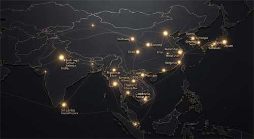 Mapa estilizado de Asia con puntos luminosos indicando los principales centros budistas, desde Sri Lanka hasta Japón