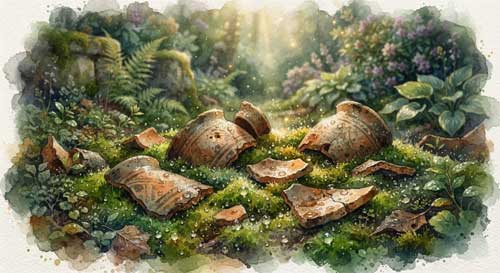 Ilustración artística de fragmentos de una vasija de barro decorada dispersos sobre hierba verde, con gotas de agua derramadas reflejando la luz del sol, simbolizando la fragilidad y la belleza efímera