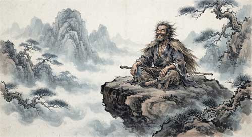 Ilustración estilo tinta china de un ermitaño descalzo y harapiento riendo a carcajadas en la entrada de una cueva montañosa, con pinos retorcidos al fondo y nubes bajas
