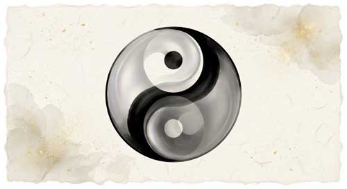 Ilustración simbólica taoísta con los símbolos del Yin y el Yang entrelazados suavemente, rodeados de bruma etérea y elementos naturales como agua y montaña, representando el equilibrio cósmico