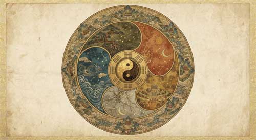 Diagrama circular complejo del cosmos chino con símbolos yin-yang en centro, cinco elementos dispuestos radialmente, constelaciones estelares y montañas sagradas, estilo ilustración científica tradicional china
