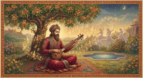 Ilustración de Jayadeva tocando un instrumento musical tradicional junto a un templo antiguo al atardecer, con siluetas de danzarines en el fondo y una atmósfera devocional