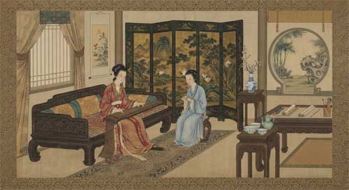 Ilustración clásica china de una escena doméstica elegante con biombos y porcelana fina, atmósfera íntima y sofisticada
