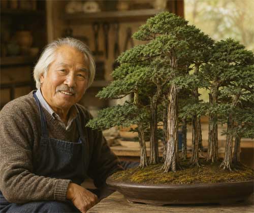 Retrato cálido de John Naka sonriendo junto a uno de sus famosos bosques de ciprés, entorno de taller americano