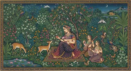 Ilustración de Kalidasa observando una nube monzónica sobre un paisaje montañoso exuberante, con flores cayendo suavemente y una atmósfera de profunda contemplación estética