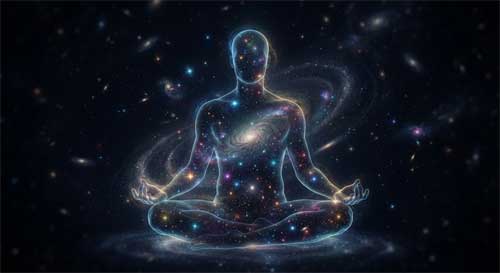 Silueta humana translúcida y etérea sentada en meditación, con el interior del cuerpo mostrando un cielo estrellado infinito en lugar de órganos, fondo oscuro espacial