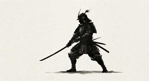 Silueta de un samurái en postura de guardia con katana desenvainada, fondo minimalista
