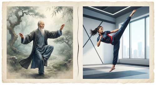 Comparación visual: a la izquierda un anciano maestro practicando Tai Chi lento y tradicional, a la derecha un joven atleta realizando una patada alta acrobática moderna, divididos por una línea sutil de tinta