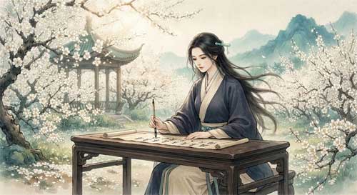 Ilustración de una mujer Tang vestida con ropas sencillas de monja taoísta pero con un aire elegante, escribiendo poesía en un jardín de ciruelos en flor, con una expresión de inteligencia serena