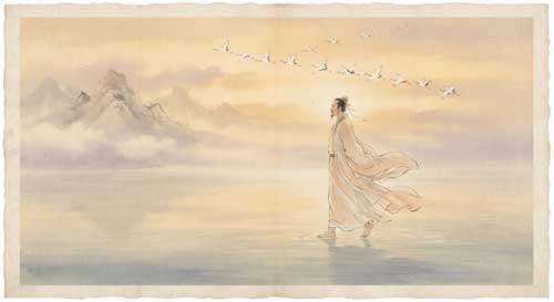Figura serena caminando descalza sobre agua tranquila al amanecer, con viento moviendo ropajes ligeros y grullas blancas volando en formación, atmósfera etérea y luz dorada difusa, estilo pintura china clásica