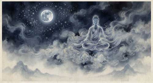 Figura etérea meditando en posición de loto flotando sobre nubes vaporosas con formas oníricas difusas, luna llena plateada y estrellas brillantes en cielo nocturno profundo, estilo pintura china clásica