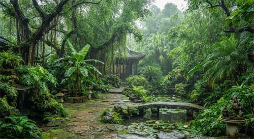 Jardín tradicional del sur de China con árboles frondosos y clima húmedo, evocando el estilo Lingnan