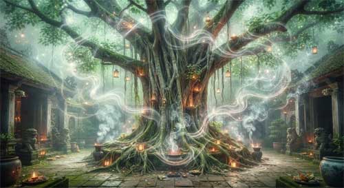 Árbol antiguo en un templo vietnamita envuelto en una luz etérea y vibrante, con incienso flotando alrededor, simbolizando la presencia Linh que conecta lo humano y lo divino