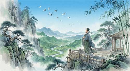 Ilustración de un poeta Tang de edad madura observando con serenidad un paisaje montañoso desde una terraza, con grullas volando en el cielo azul, simbolizando longevidad y calma interior