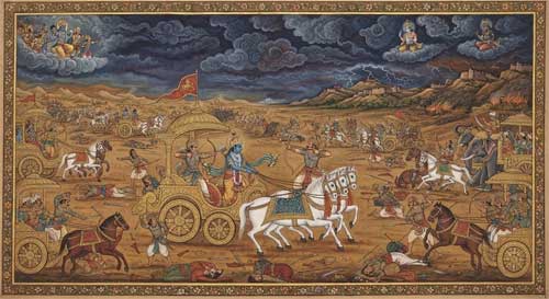 Campo de batalla épico con carros de guerra antiguos, arqueros famosos como Arjuna y Krishna, atmósfera dramática con cielo tormentoso, estilo pintura india tradicional detallada