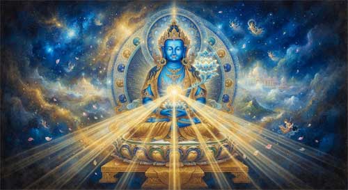 Bodhisattva Mahāsthāmaprāpta sosteniendo una flor de loto brillante, con luz irradiando desde su corazón