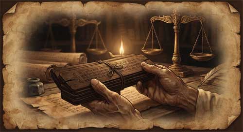 Ilustración de un antiguo manuscrito sánscrito sobre hojas de palma con caligrafía detallada, rodeado de símbolos de justicia y equilibrio, bajo una luz tenue y solemne