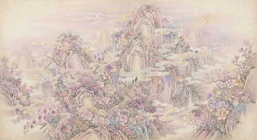 Montaña mística cubierta de flores exóticas y nubes de incienso natural, colores pastel suaves rosas y lilas, atmósfera etérea y perfumada visualmente, estilo pintura china gongbi detallada