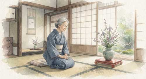 Mujer japonesa mayor con kimono sencillo observando flores en un jarrón dentro de una habitación tradicional tatami, luz suave entrando por shoji, atmósfera de paz doméstica