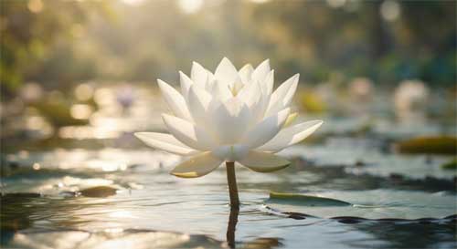 Flor de loto blanca emergiendo de aguas tranquilas bajo la luz del sol, simbolizando la pureza y el potencial búdico inherente