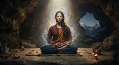 Yogui femenina en postura de meditación avanzada en una cueva himalaya, rodeada de luz sutil y energía