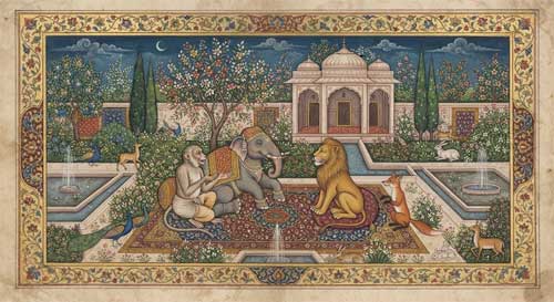 Ilustración estilo manuscrito indio con animales antropomórficos dialogando en un jardín palaciego