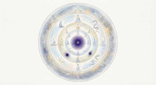 Composición abstracta de esferas concéntricas que representan planos cósmicos, con siluetas sutiles de seres semidivinos en los límites, simbolizando la estructura del universo budista