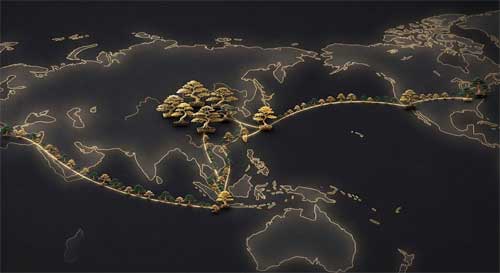 Mapa estilizado conectando China con Taiwán, Singapur y Occidente mediante líneas que representan árboles en miniatura