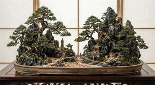 Composición de penjing con pequeñas figuras humanas y arquitectónicas integradas armoniosamente entre árboles y rocas
