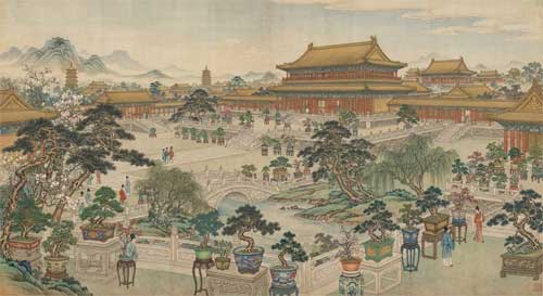 Pintura tradicional china mostrando palacios imperiales con macetas ornamentales y árboles miniaturizados en jardines