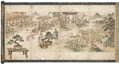 Ilustración de pergaminos antiguos mostrando escenas cotidianas con pequeños árboles en recipientes sencillos