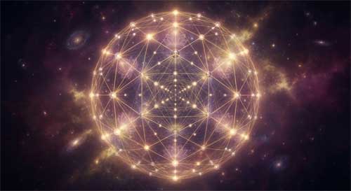 Red tridimensional de nodos luminosos interconectados formando una esfera cósmica, cada nodo emitiendo hilos dorados hacia todos los demás, simbolizando la originación dependiente universal