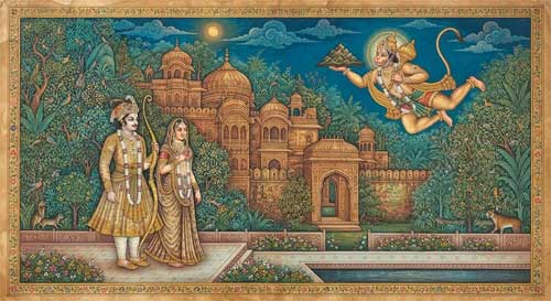 Príncipe indio con arco dorado junto a su esposa y un mono divino volador, frente a un palacio antiguo en la selva, estilo pintura miniatura india tradicional colores vibrantes