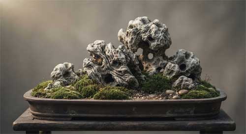Composición de rocas calizas erosionadas de estilo Taihu dispuestas en bandeja poco profunda con musgo verde, destacando texturas rugosas y formas orgánicas, estilo fotografía macro artística