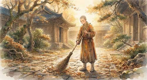 Ilustración de un joven monje sonriente barriendo hojas en el patio de un templo antiguo, con una escoba de bambú y una expresión de paz profunda, luz suave de mañana