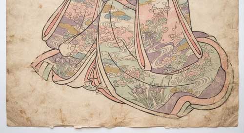 Detalle estilizado de un grabado ukiyo-e con colores suaves y líneas fluidas