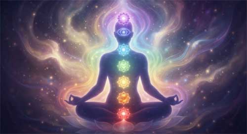 Silueta humana meditativa con siete puntos de luz coloreados alineados verticalmente a lo largo de la columna vertebral, representando los chakras desde la raíz hasta la corona