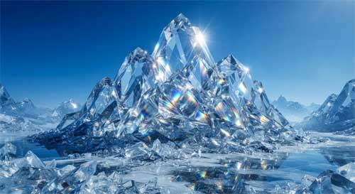 Montaña hecha enteramente de cristal transparente bajo un cielo azul intenso, reflejando luz pura