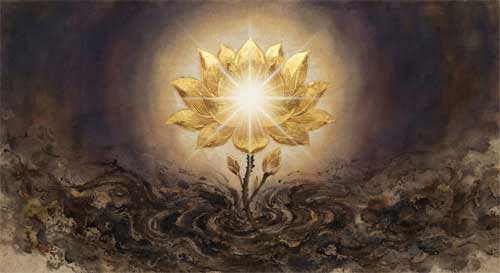 Loto dorado brillante emergiendo de barro oscuro, con luz intensa emanando desde su centro, simbolizando la naturaleza búdica pura en medio del samsara, estilo pintura simbólica espiritual