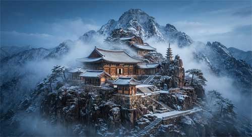 Templo budista coreano fundido con la roca de una cumbre nevada, donde la arquitectura parece emerger naturalmente de la piedra, simbolizando la montaña como maestra espiritual