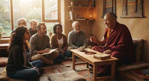 Monje tibetano con sonrisa amable enseñando a un grupo diverso en un espacio acogedor, luz cálida y atmósfera de confianza
