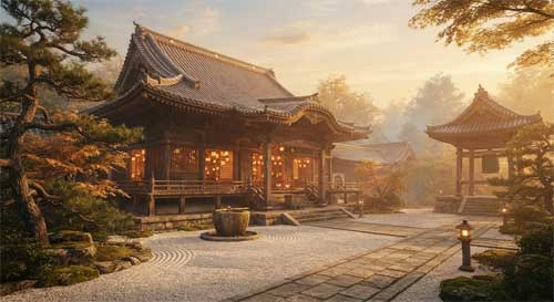 Templo tradicional japonés con luz dorada suave, evocando la paz y la bienvenida de la Tierra Pura de Amida
