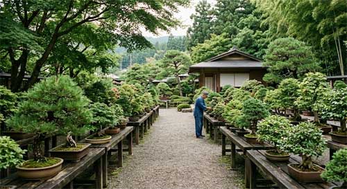 Vista de un vivero tradicional japonés con hileras de bonsais cuidados, luz natural filtrada entre los árboles