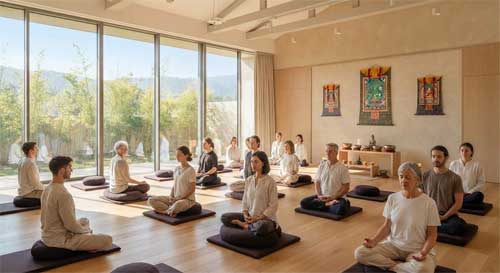 Practicantes de meditación en un centro moderno, con elementos tradicionales tibetanos sutilmente integrados