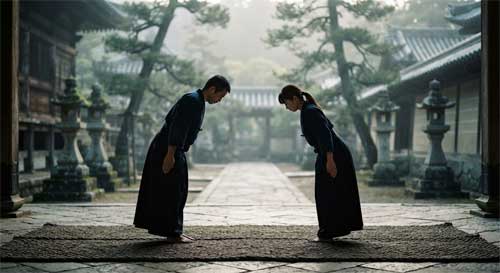 Dos practicantes de artes marciales tradicionales inclinándose mutuamente con respeto antes de comenzar, fondo de templo antiguo difuminado, atmósfera de solemnidad y disciplina, estilo fotografía artística