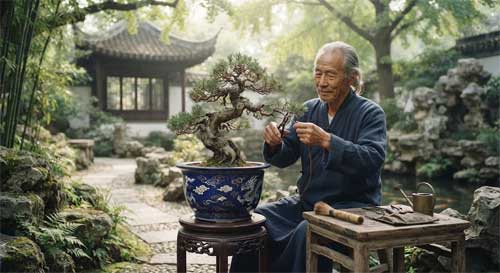 Maestro chino anciano cuidando un árbol antiguo en una maceta de cerámica azul, entorno de jardín tradicional